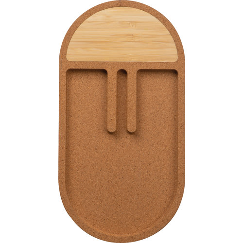Organizador de escritorio beige de corcho y bamb con compartimentos.