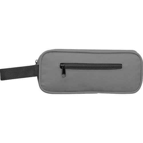 Estuche gris de RPET con cremallera y asa de transporte.