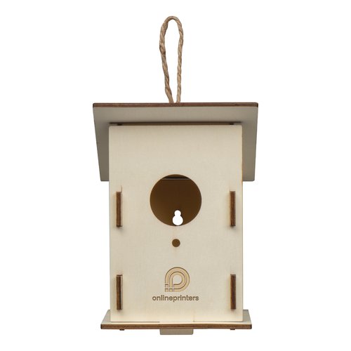 Pajarera de madera beige con colgador de cuerda.