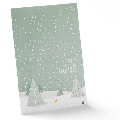 Calendario de Adviento de papel verde para abrir con puertas numeradas.