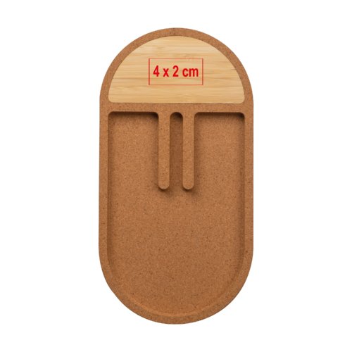 Organizador de escritorio de corcho y bamb con compartimentos de almacenamiento.