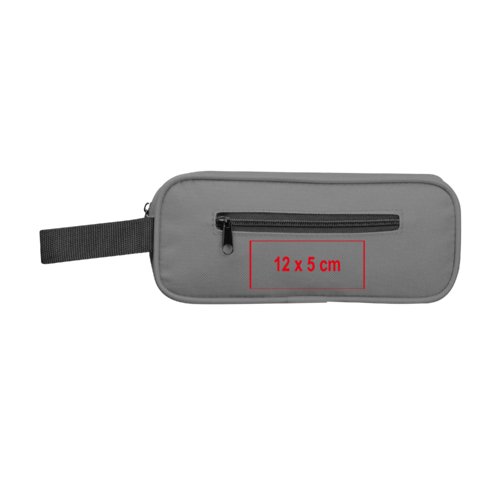 Estuche gris de RPET con cremallera y asa de transporte.