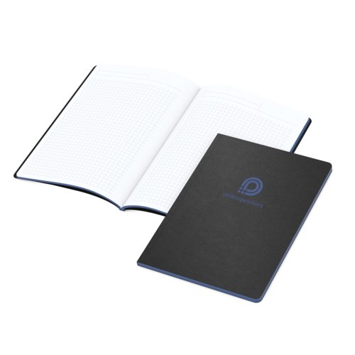 Cuaderno oscuro con tapa blanda y cuadrcula de puntos.