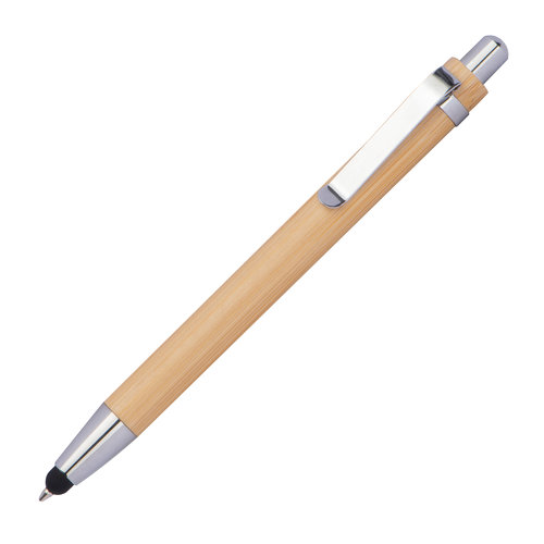 Bolgrafo de madera beige con clip y mecanismo de pulsacin.