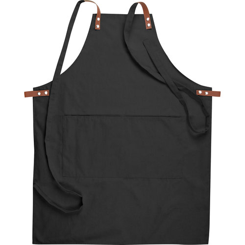 Delantal negro de tela con correas ajustables y bolsillo de parche.