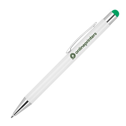 Bolgrafo verde con funcin de lpiz tctil y clip.