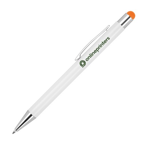 Bolgrafo naranja con lpiz tctil y clip.