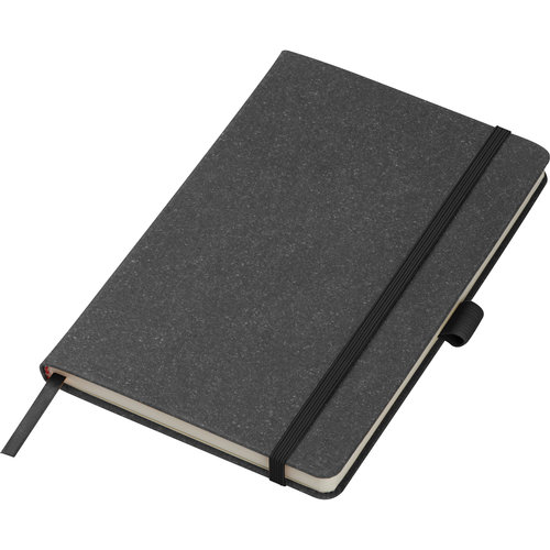 Cuaderno negro con goma elstica y marcapginas.