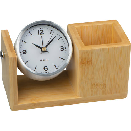 Portalpices de bamb beige con reloj integrado.