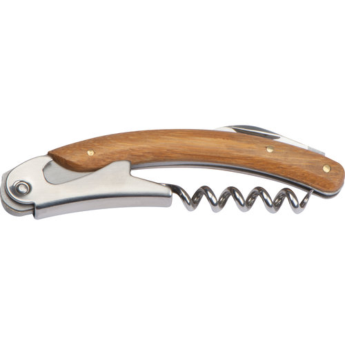 Navaja de camarero de madera beige con sacacorchos y abrebotellas.
