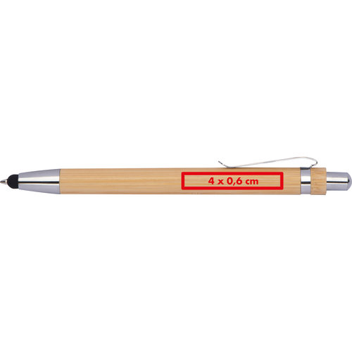 Bolgrafo color madera con elementos de metal y funcin de lpiz tctil.