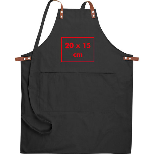Delantal de tela negro con bolsillo de parche y correa de cuello ajustable.
