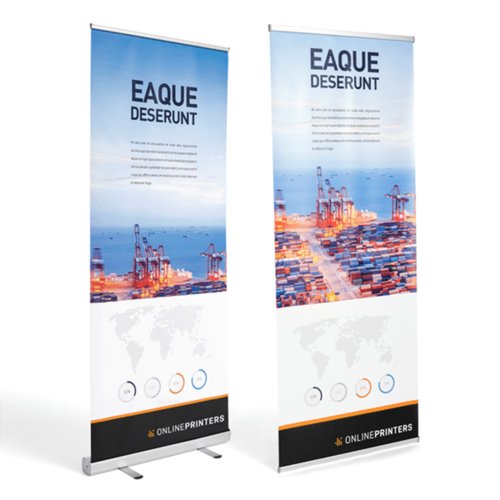 Display enrollable con mstil retrctil y pies.