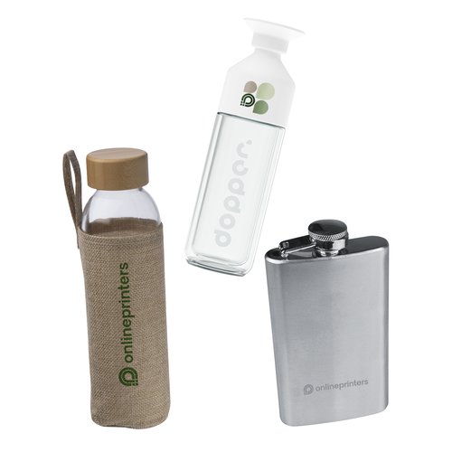 Botellas y vasos de vidrio, metal y plstico en varios diseos.