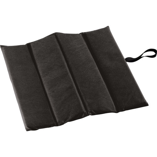 Cojn de asiento negro no tejido con asa de transporte.