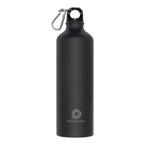 Botella de agua negra de metal con mosquetn.
