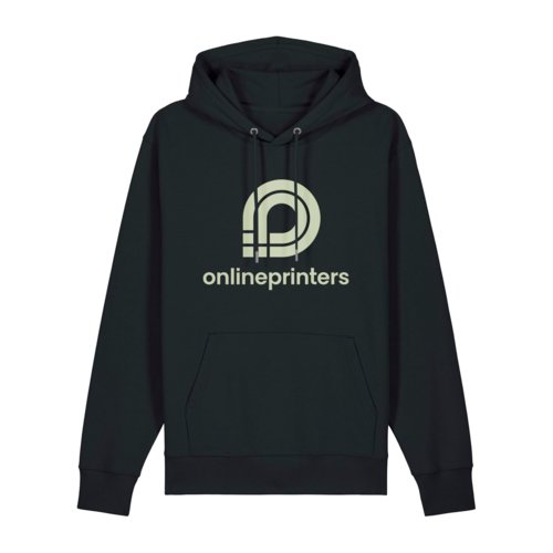 Sudadera oscura de tela con capucha y cordn, corte unisex.