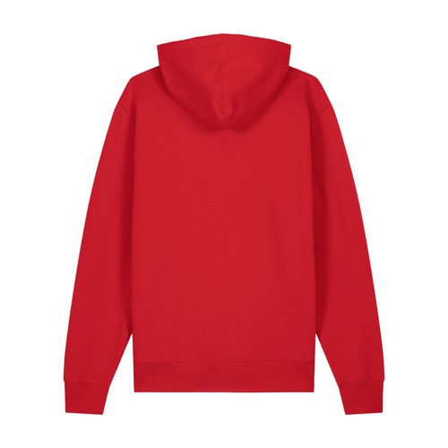 Sudadera roja de algodn orgnico, corte unisex con capucha.