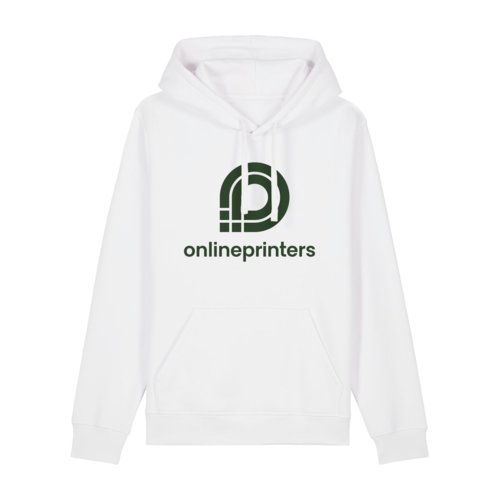 Sudadera blanca de tela con capucha y bolsillo tipo canguro. Corte unisex.