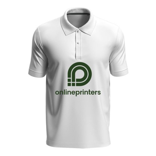 Polo unisex blanco de algodn con mangas cortas y tapeta de botones.