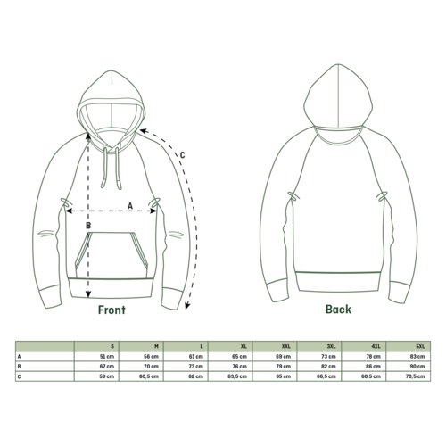 Sudadera unisex de tela con capucha y bolsillo tipo canguro.