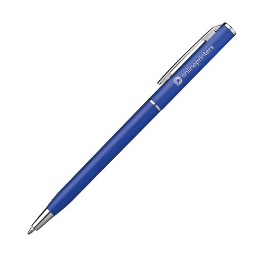 Bolgrafo azul de metal con clip.