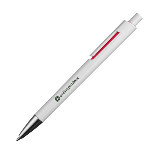 Bolgrafo de plstico rojo con clip y botn pulsador.