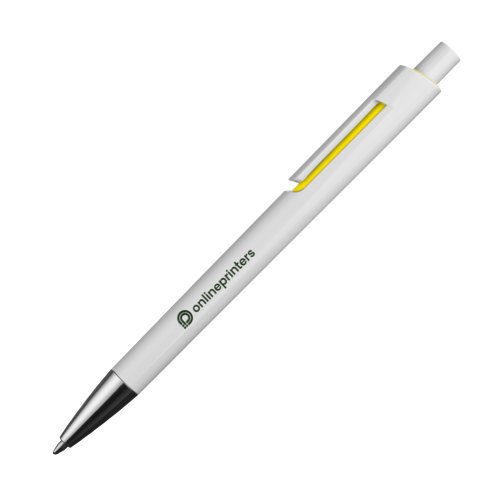 Bolgrafo amarillo con clip y botn pulsador.