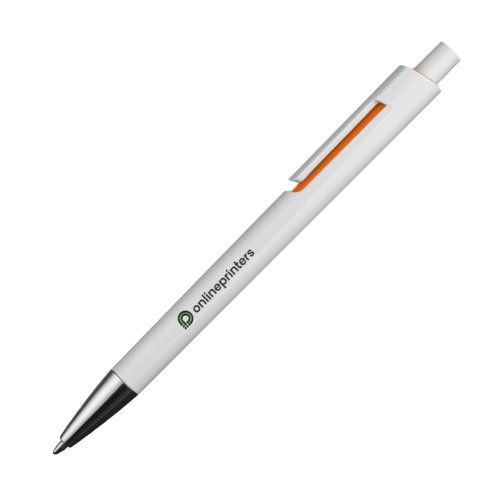 Bolgrafo naranja de plstico con clip y botn pulsador.