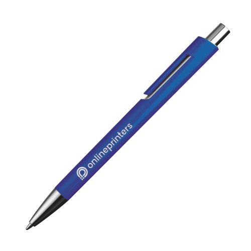 Bolgrafo azul de plstico con elementos metlicos y clip.
