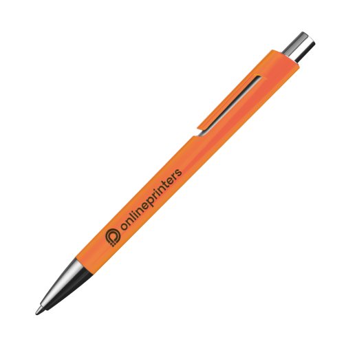 Bolgrafo naranja con clip y botn pulsador.