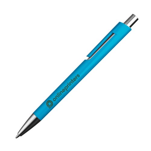 Bolgrafo de plstico azul claro con clip y botn pulsador.