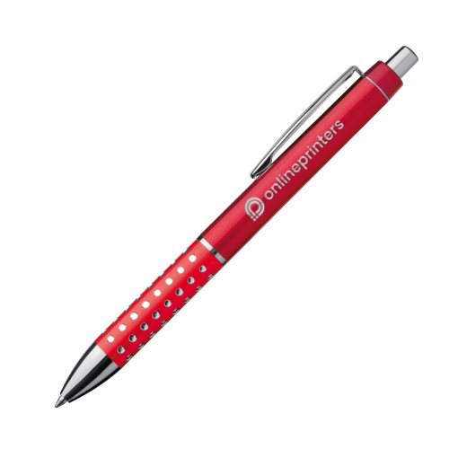 Bolgrafo de metal rojo con clip y botn pulsador.