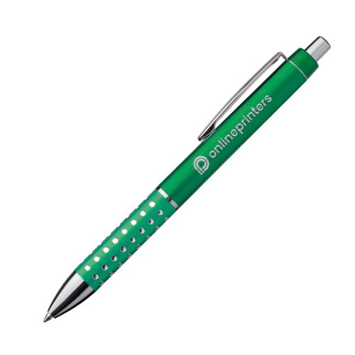 Bolgrafo de metal verde con clip y botn pulsador.