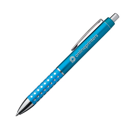 Bolgrafo de metal turquesa con clip y botn pulsador.