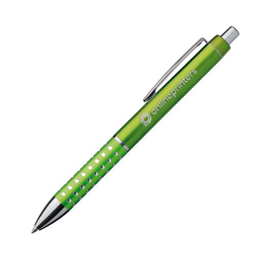 Bolgrafo de metal verde manzana con clip y botn pulsador.
