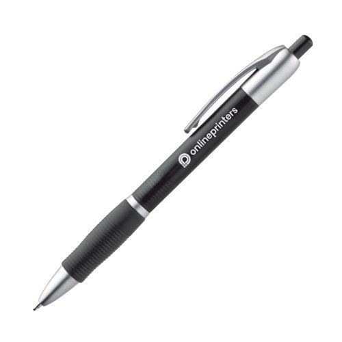 Bolgrafo de plstico negro con detalles metlicos y clip.