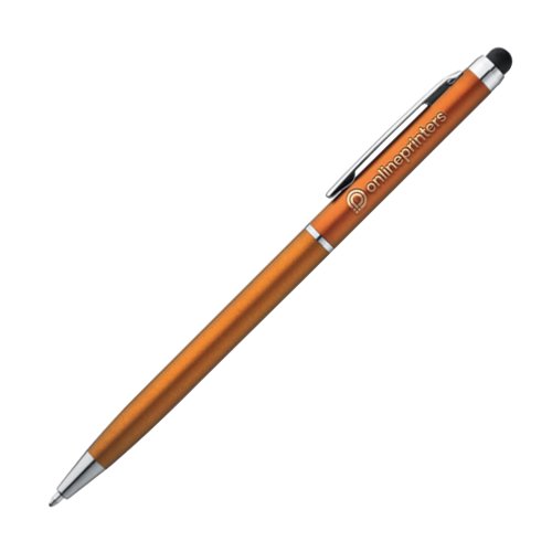 Bolgrafo naranja de metal con funcin tctil y clip.