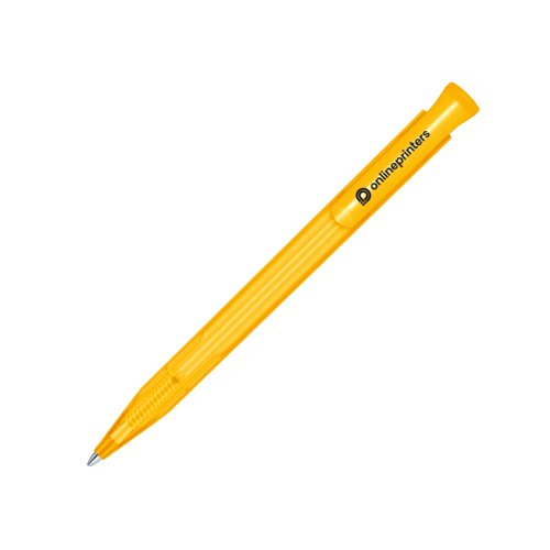Bolgrafo de plstico amarillo con mecanismo de pulsacin.