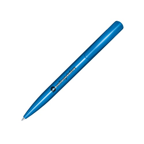 Bolgrafo de plstico azul con acabado brillante y mecanismo de pulsacin.
