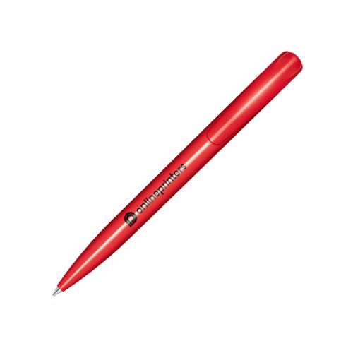 Bolgrafo de plstico rojo con acabado pulido y mecanismo de pulsacin.