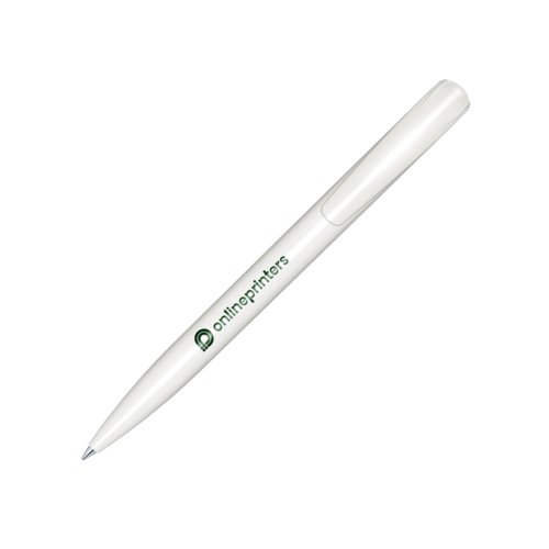Bolgrafo de plstico blanco con acabado brillante y mecanismo de pulsacin.