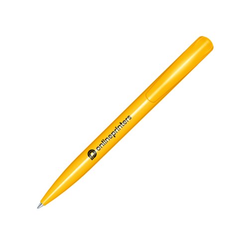 Bolgrafo de plstico amarillo con acabado brillante y botn pulsador.