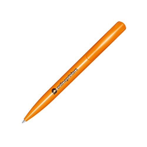 Bolgrafo de plstico naranja con acabado pulido y clip.