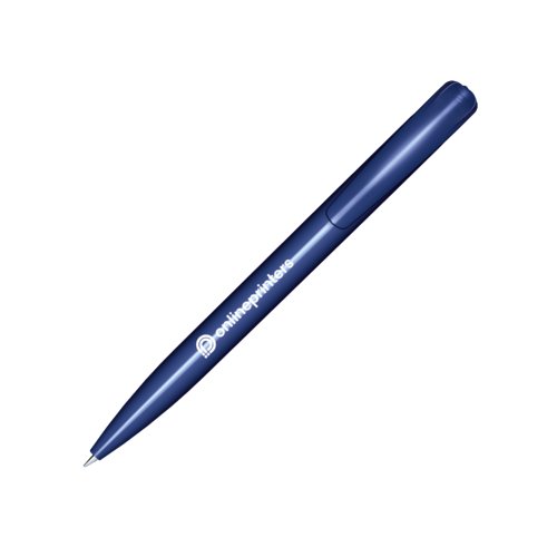 Bolgrafo de plstico azul oscuro con acabado brillante y botn pulsador.