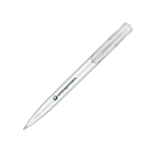 Bolgrafo de plstico blanco con botn pulsador y clip.