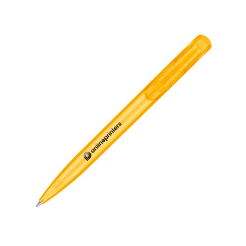Bolgrafo de plstico amarillo con mecanismo de pulsacin.