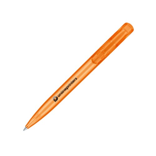 Bolgrafo naranja de plstico con botn pulsador.