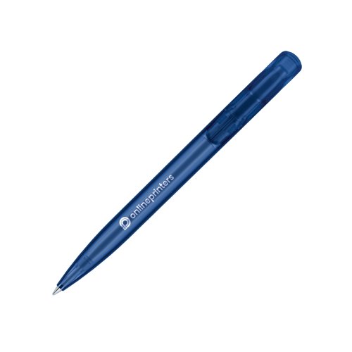 Bolgrafo de plstico azul oscuro esmerilado con botn pulsador.