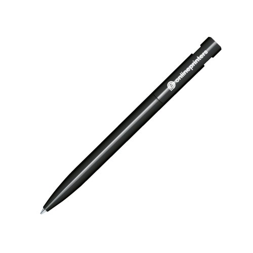 Bolgrafo de plstico negro con acabado pulido y botn pulsador.